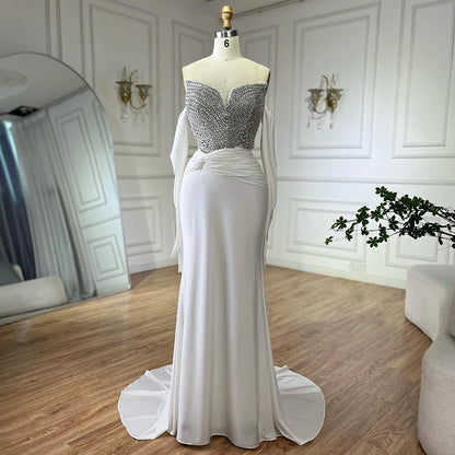 Luxury Dubai Elegant White Arabic Evening Gown with Crystal Beaded Dress and Gloves for Formal Occasion LA72758 - SERENE HILL