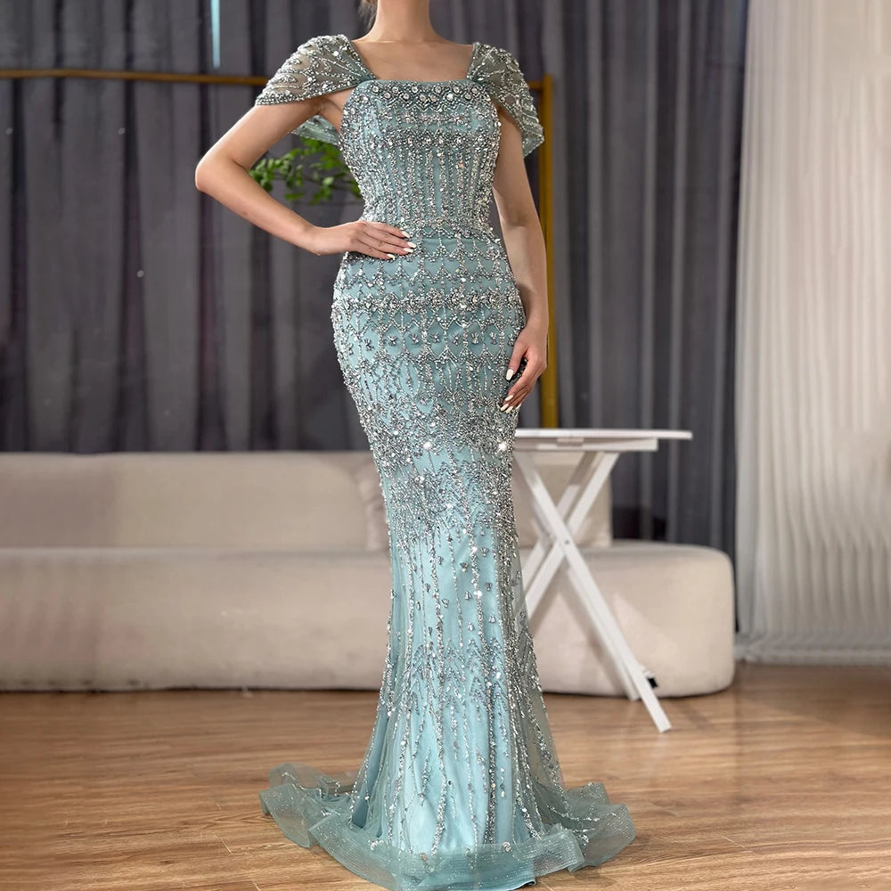 Luxury Dubai White Mermaid Beaded Evening Dress with Cape Sleeves LA72714 - SERENE HILL