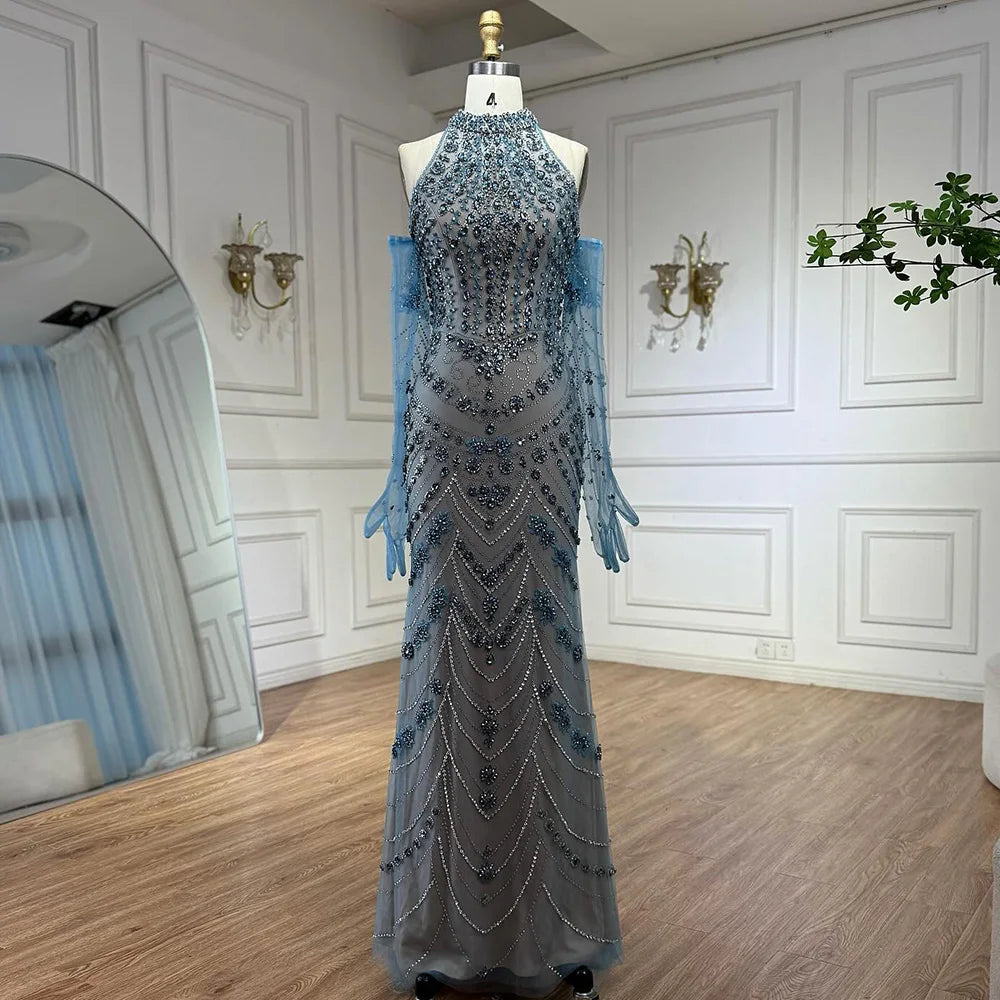 Luxury Dubai Arabic Blue Beaded Evening Dress with Gloves LA72760A - SERENE HILL