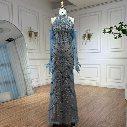 Luxury Dubai Arabic Blue Beaded Evening Dress with Gloves LA72760A - SERENE HILL