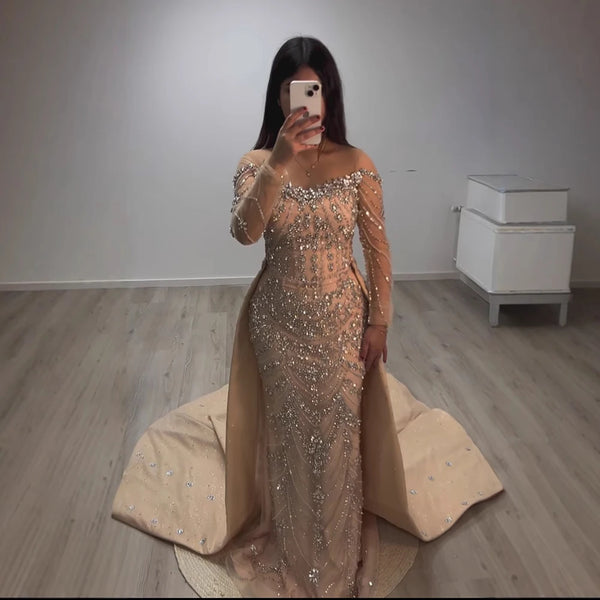 Luxury Off Shoulder Beaded Evening Dress with Long Sleeves and Train LA72930