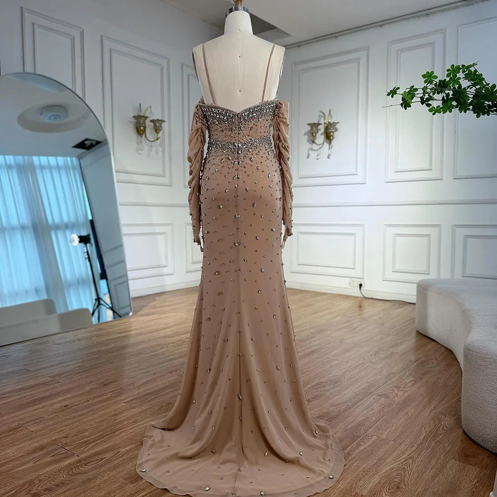 Luxury Nude Beaded Dress with Detachable Sleeves LA73065 - SERENE HILL