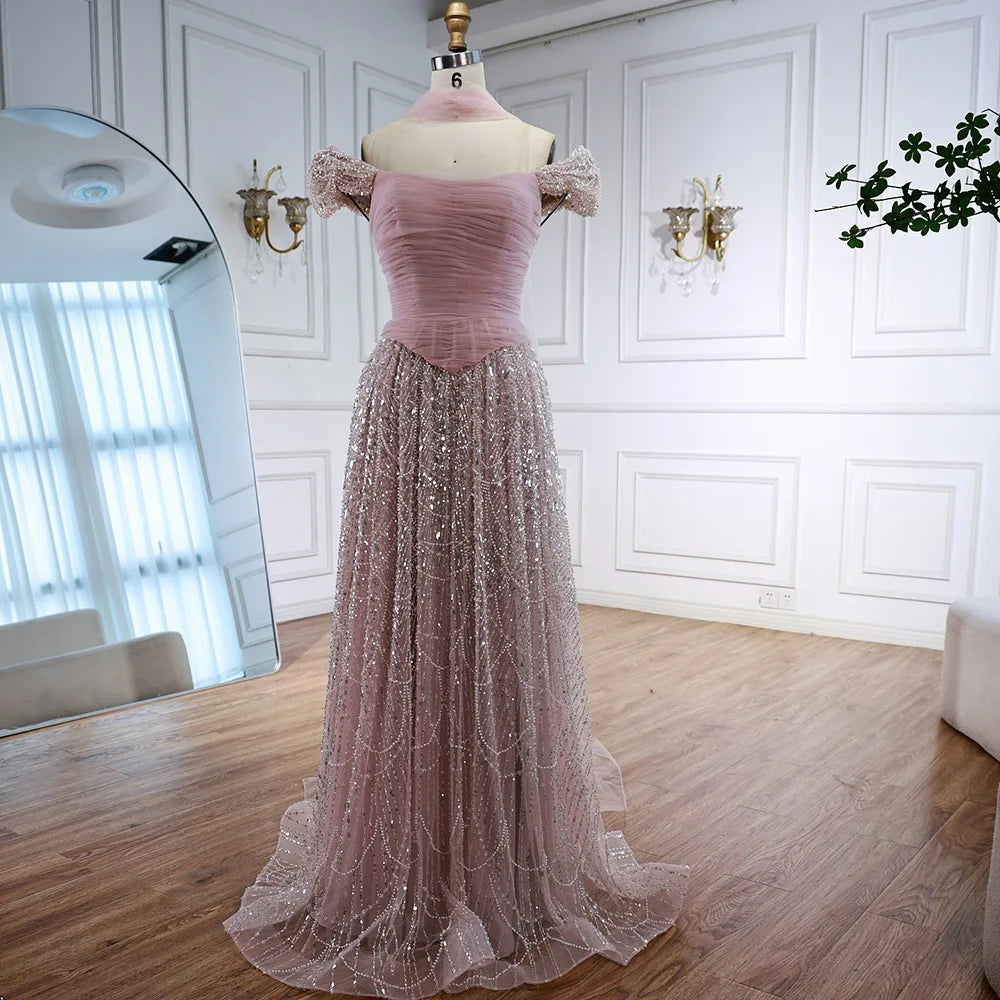 Luxury Arabic Pink Pearls Beaded Evening Dress With Cape LA72922 Pink / 16