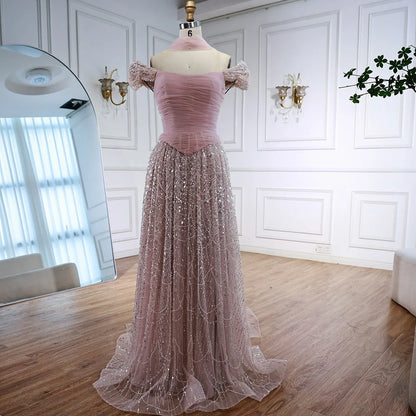 Luxury Arabic Pink Pearls Beaded Evening Dress With Cape LA72922 - SERENE HILL