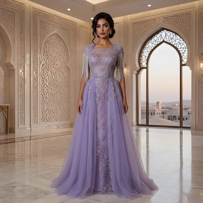 Serene Hill 2025 Arabic lilac Elegant A Line Beaded Tassel Luxury Dubai Evening Dresses Gowns for Woman Wedding Party LA72422 - SERENE  HILL