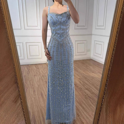 Luxury Arabic Blue Spaghetti Strap Mermaid Evening Dress Beaded LA72725 - SERENE HILL