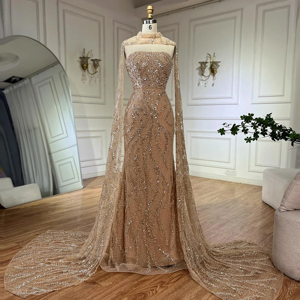 Luxury Nude Beaded Evening Dress with Cape Sleeves LA72824 - SERENE HILL