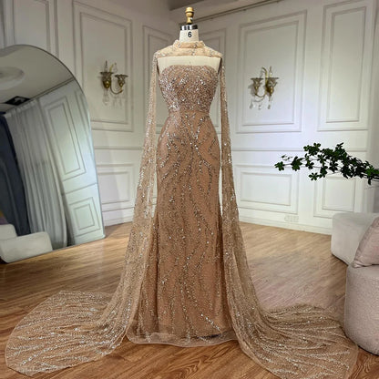 Luxury Nude Beaded Evening Dress with Cape Sleeves LA72824 - SERENE HILL