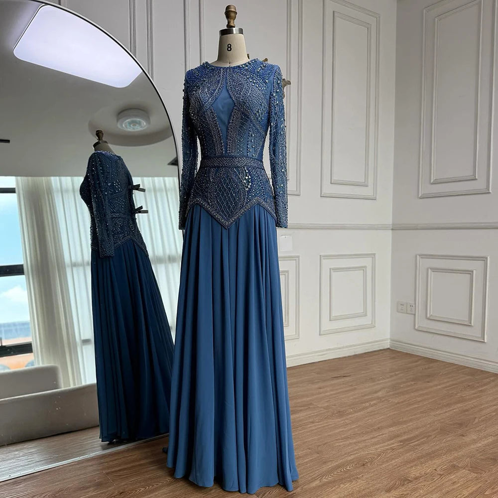 Luxury Designer Blue Beaded Evening Dress with Long Sleeves LA72962 - SERENE HILL