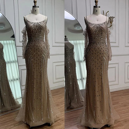 Luxury Nude Navy Blue Silver Beaded Evening Dress with Long Sleeves LA73120 - SERENE HILL