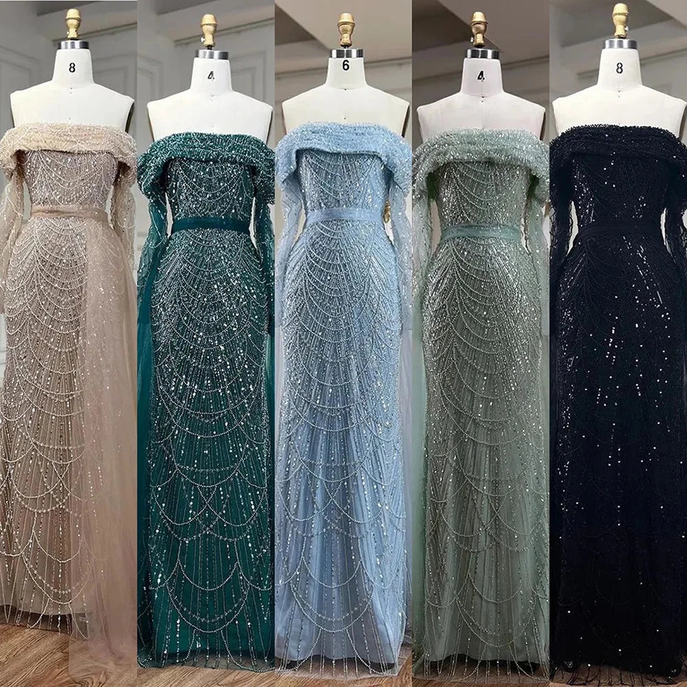 Off Shoulder Light Blue Mermaid Evening Dress with Detachable Overskirt Dubai LA72254 - SERENE HILL