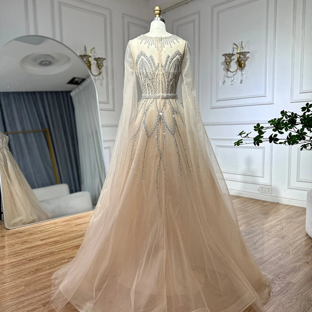 Luxury Dubai Nude Blue Elegant A-Line Beaded Long Arabic Evening Dresses Gowns with Cape Sleeves for Formal Occasion LA72785 - SERENE HILL