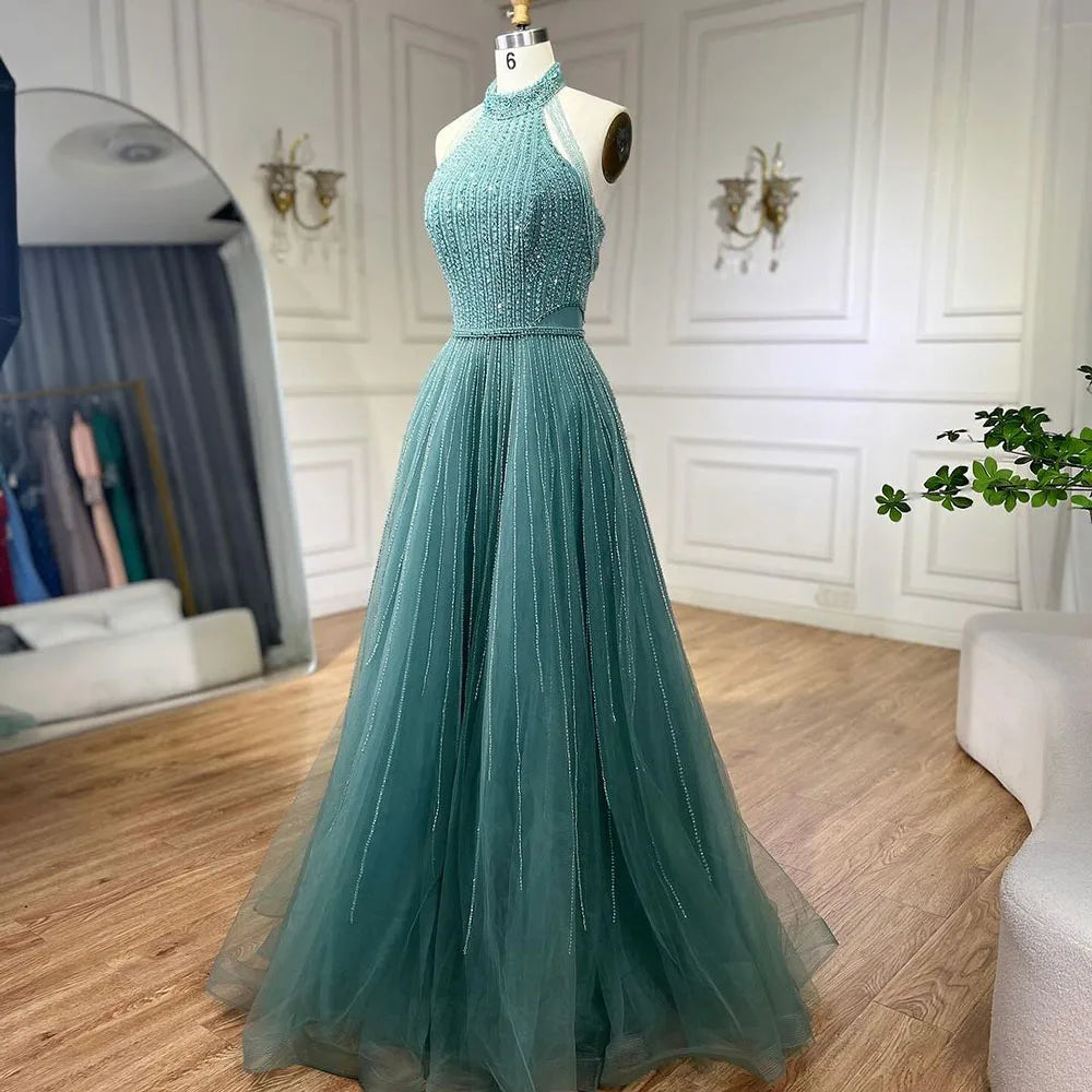 Luxury Arabic Blue Sequin Tassel Halter A Line Evening Dress LA72227 - SERENE HILL