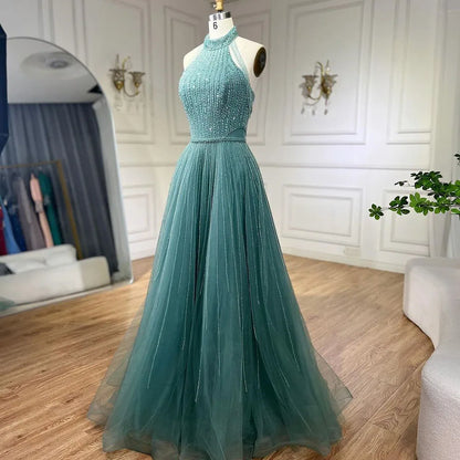 Luxury Arabic Blue Sequin Tassel Halter A Line Evening Dress LA72227 - SERENE HILL