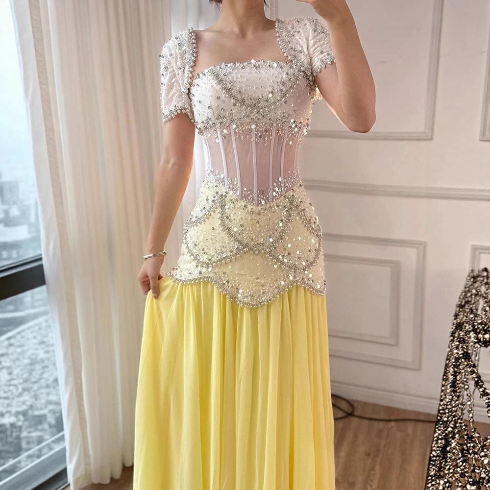 Luxury Yellow Pearls A-Line Evening Dress with Flowing Coat LA72978 - SERENE HILL