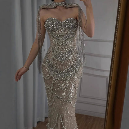 Luxury Dubai Nude Beaded Evening Dress with Tassel Short Cape LA72876 - SERENE HILL