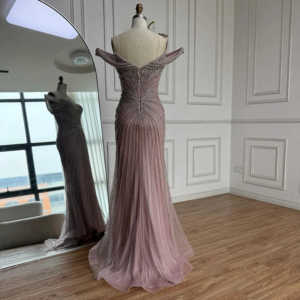 Luxury Nude Arabic Crystal Beaded Mermaid Off Shoulder Evening Dress LA73128 - SERENE HILL
