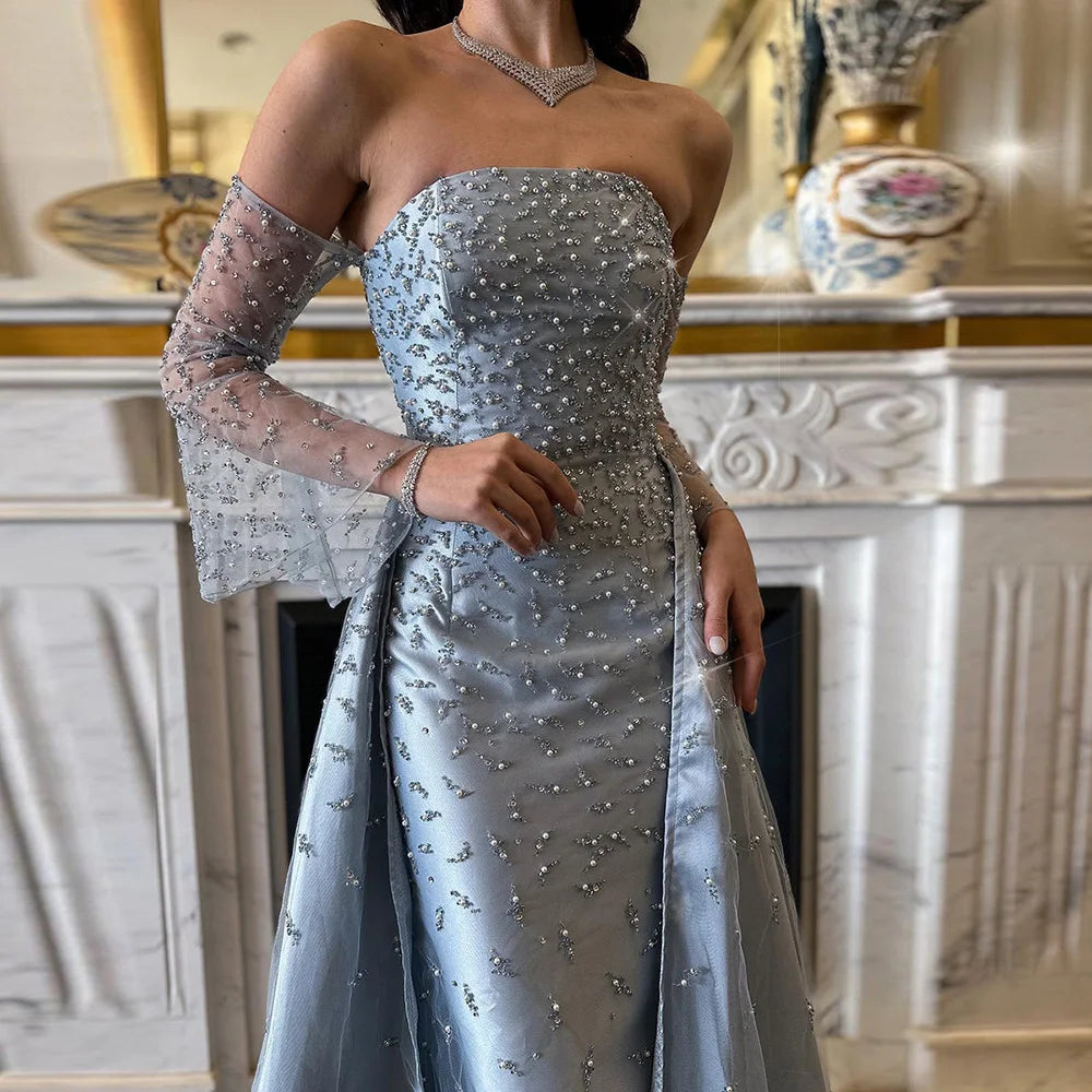 Dubai Luxury Blue Beaded Pearls Evening Gown with Overskirt LA72705 - SERENE HILL