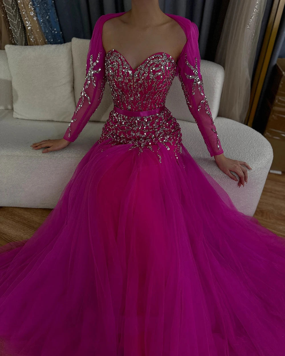 On Sale no return no refund Serene Hill Arabic Sexy Sweetheart Fuchsia A Line Long Sleeves Luxury Beaded Evening Dresses Gowns For Women Party 2025 LA71810 - SERENE HILL