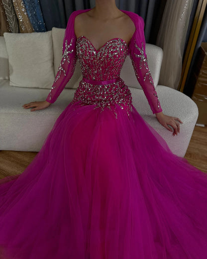 On Sale no return no refund Serene Hill Arabic Sexy Sweetheart Fuchsia A Line Long Sleeves Luxury Beaded Evening Dresses Gowns For Women Party 2025 LA71810 - SERENE HILL