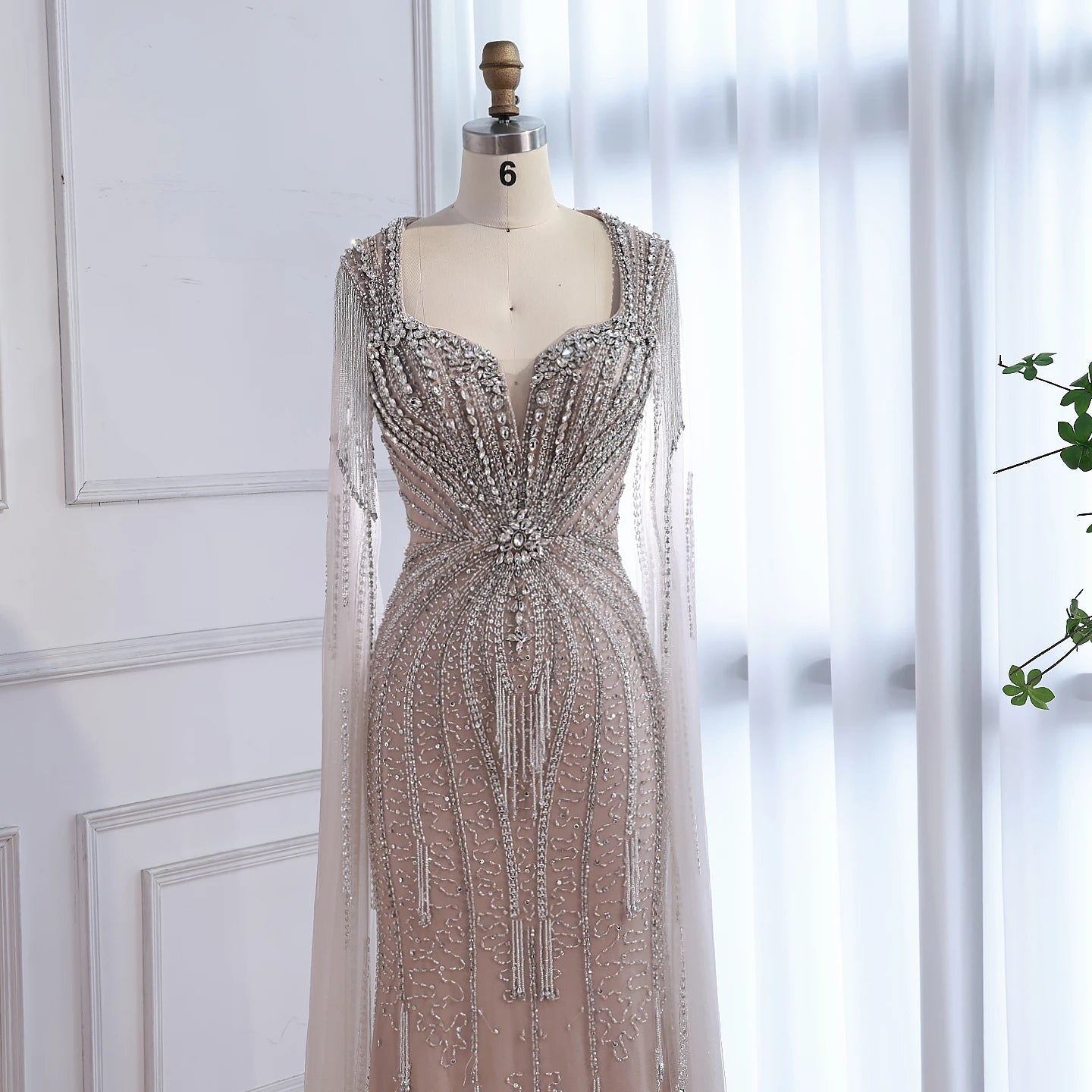 Luxury Caramel Beaded Evening Dress With Cape LA72992A - SERENE HILL