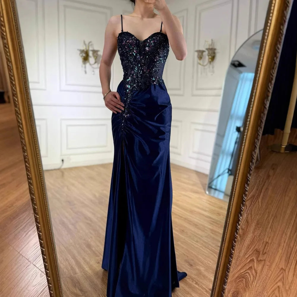 Classy Navy Satin Prom Dress with Lace Beaded and Slit LA73003 - SERENE HILL