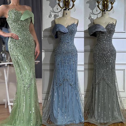 Luxury Dubai Arabic Green Mermaid Elegant One Shoulder Beaded Long Evening Dresses Gowns for Formal Occasion LA72650 - SERENE HILL