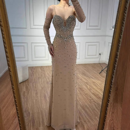 Luxury Nude Beaded Dress with Detachable Sleeves LA73065 - SERENE HILL