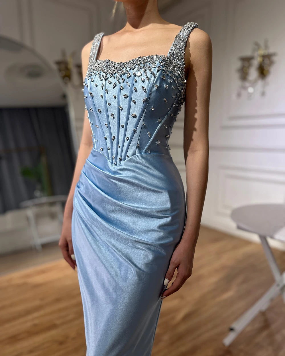 Luxury Dubai Saudi Blue Crystal Beaded Spaghetti Strap Mermaid Evening Dress Gown with Split for Formal Occasion LA72739 - SERENE HILL