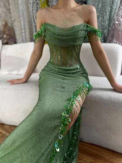 Serene Hill Arabic Green Crystal Tassel Saudi Evening Dresses Gowns High Split Prom Dress for Women Wedding Party 2025 LA72490 - SERENE HILL