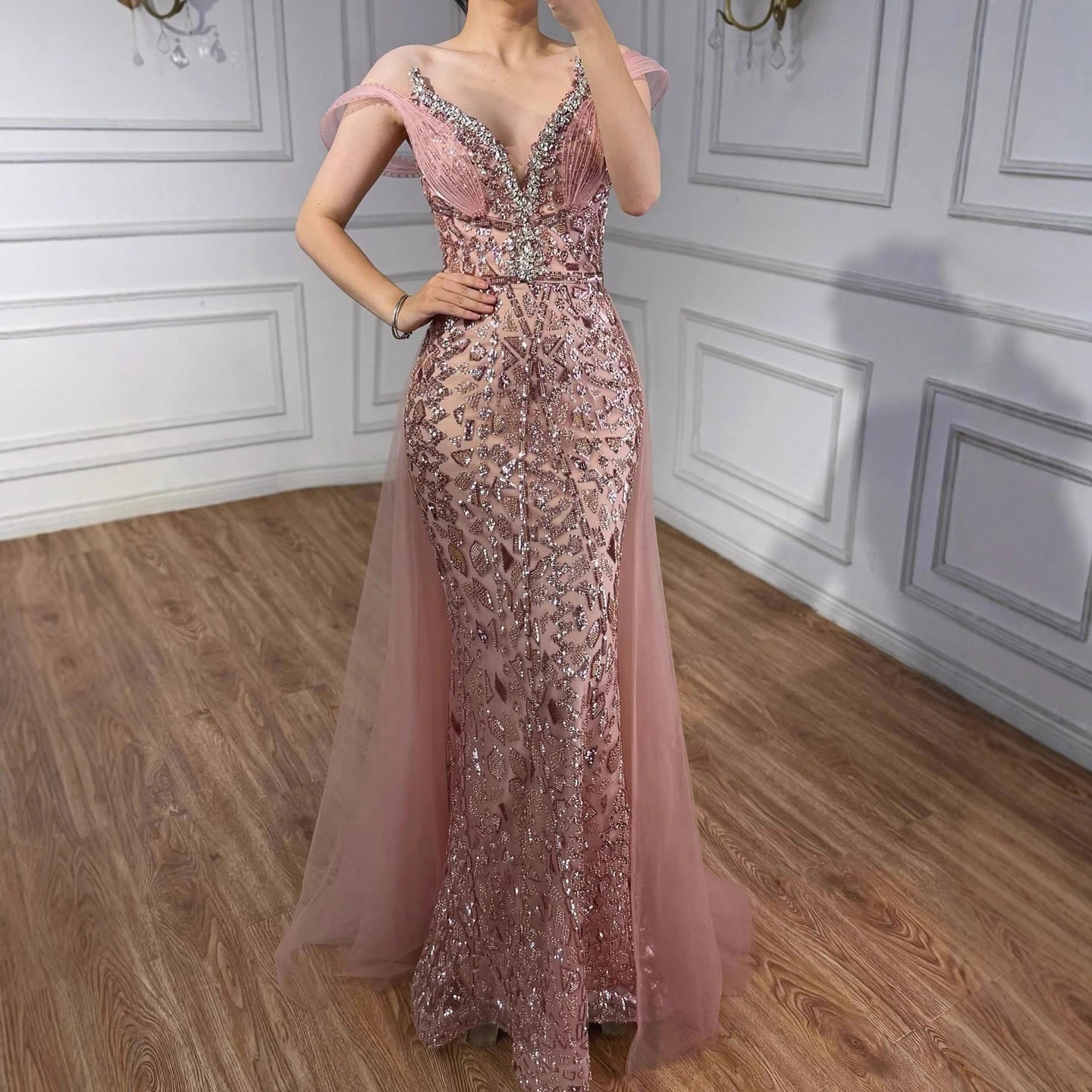 Serene Hill Pink Beaded Off Shoulder Evening Dress LA73413 - SERENE HILL