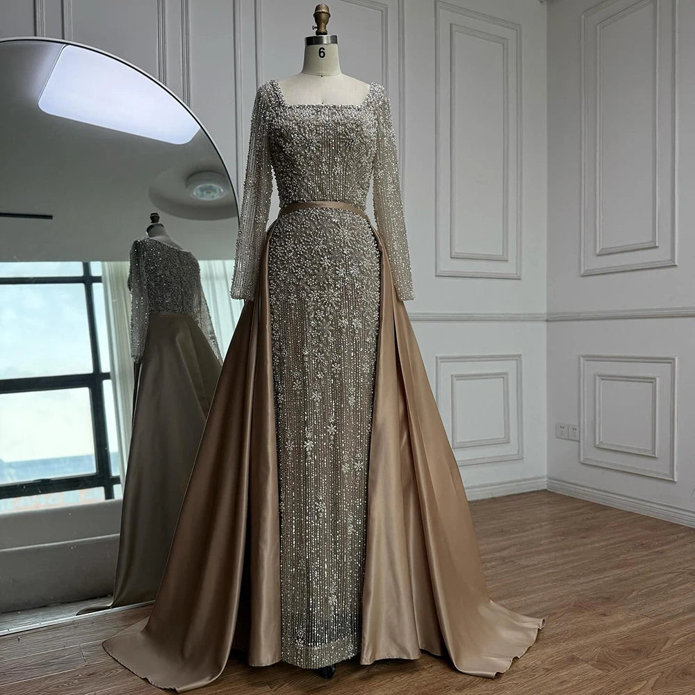 Luxury Dubai Arabic Muslim Caramel Mermaid Beaded Evening Gown with Overskirt LA72533A - SERENE HILL