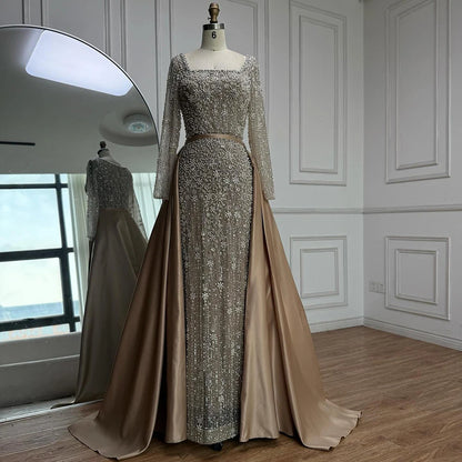 Luxury Dubai Arabic Muslim Caramel Mermaid Beaded Evening Gown with Overskirt LA72533A - SERENE HILL