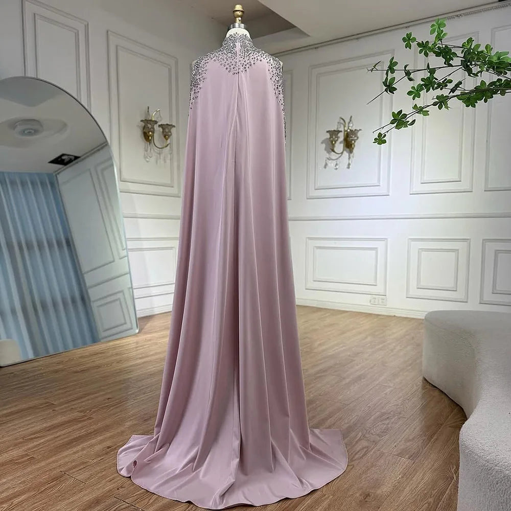 Elegant High Neck Evening Dress with Crystals and Long Cape LA73068 - SERENE HILL