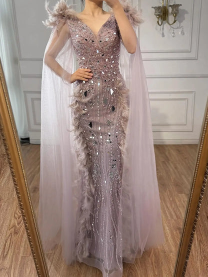 Luxury Caramel Feather Mirror Beaded Mermaid Evening Dress With Cape LA73328 - SERENE HILL