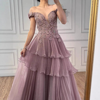 Luxury Pink Dreamy Ruffles Beaded A-Line Evening Dress LA73385 - SERENE HILL