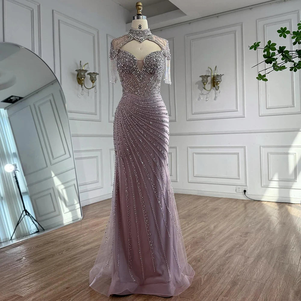 Luxury Pink Beaded Tassel Mermaid Evening Dress Long Gown LA73184 - SERENE HILL