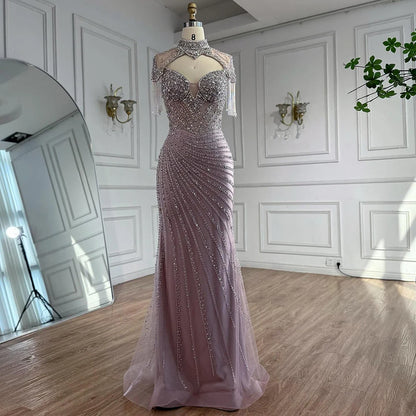 Luxury Pink Beaded Tassel Mermaid Evening Dress Long Gown LA73184 - SERENE HILL