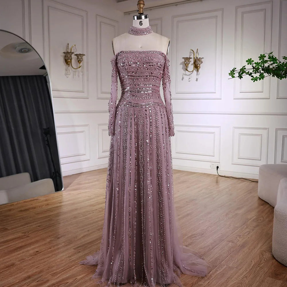 Luxury Caramel Off Shoulder Beaded Mermaid Evening Dress Long Sleeves LA73053 - SERENE HILL