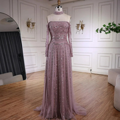 Luxury Caramel Off Shoulder Beaded Mermaid Evening Dress Long Sleeves LA73053 - SERENE HILL