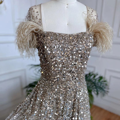 Luxury Caramel Feather Beaded A-Line Evening Dress LA71720 - SERENE HILL