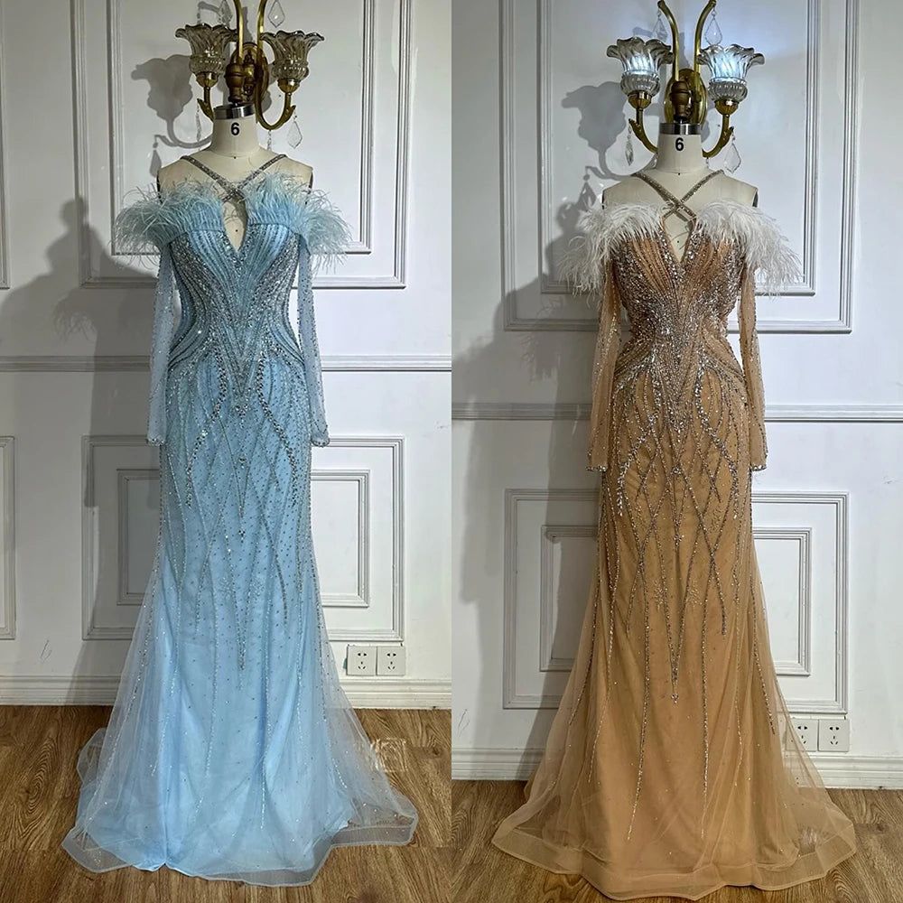 Luxury Dubai Blue Feather Beaded Luxury Mermaid Evening Dresses Gowns for Women Formal Occasion LA72836 - SERENE HILL
