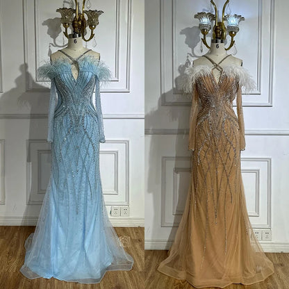 Luxury Dubai Blue Feather Beaded Luxury Mermaid Evening Dresses Gowns for Women Formal Occasion LA72836 - SERENE HILL