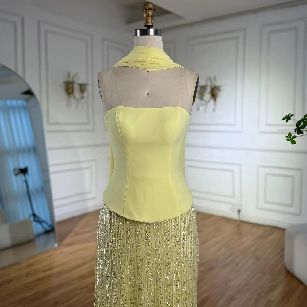 Luxury Yellow Chiffon Mermaid Evening Dress with Cape LA73007 - SERENE HILL