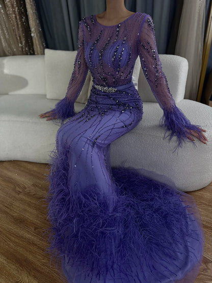 Serene Hill Elegant Mermaid Evening Dress Arabic Purple Beaded Feathers | Luxury Gown for Women&