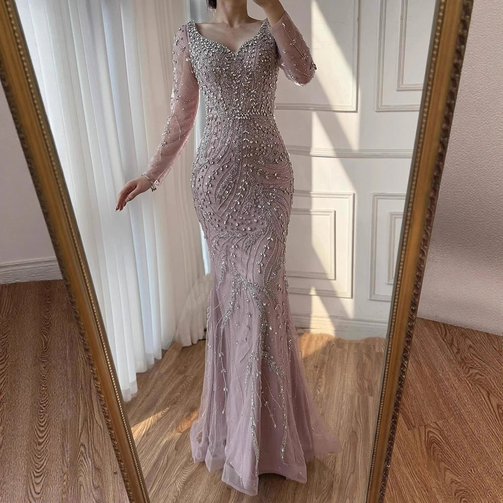 Luxury Muslim Nude Arabic Mermaid Beaded Evening Dress LA73191 - SERENE HILL