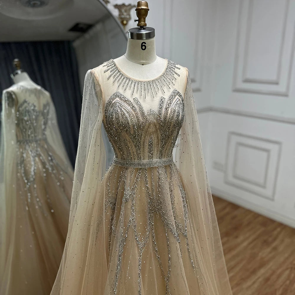 Luxury Dubai Nude Blue Elegant A-Line Beaded Long Arabic Evening Dresses Gowns with Cape Sleeves for Formal Occasion LA72785 - SERENE HILL