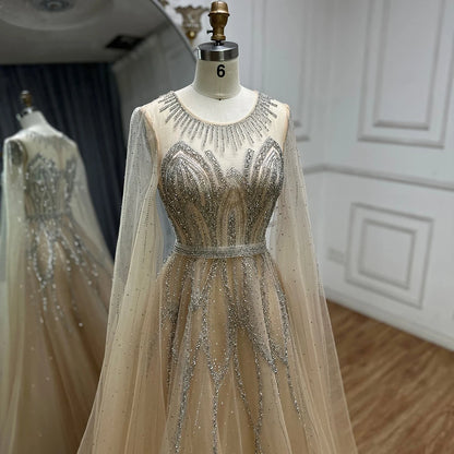 Luxury Dubai Nude Blue Elegant A-Line Beaded Long Arabic Evening Dresses Gowns with Cape Sleeves for Formal Occasion LA72785 - SERENE HILL