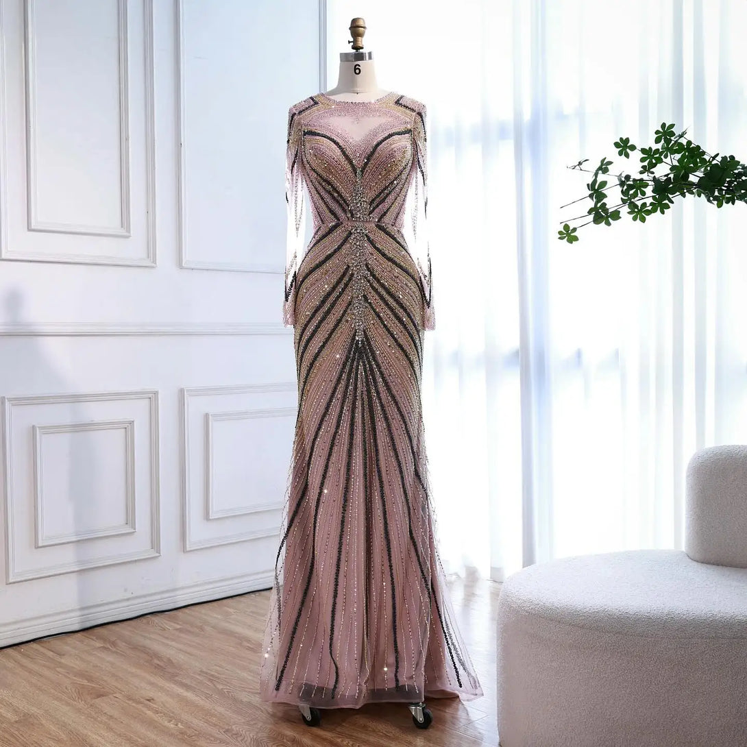 Luxury Pink Modest Dubai Mermaid Evening Dress Long Sleeevs 2026
