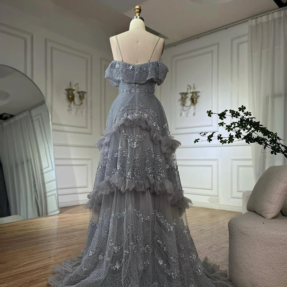Luxury Dubai Arabic Gray A-Line Off-The-Shoulder Beaded Luxury Saudi Evening Gown for Formal Occasion LA72762 - SERENE HILL